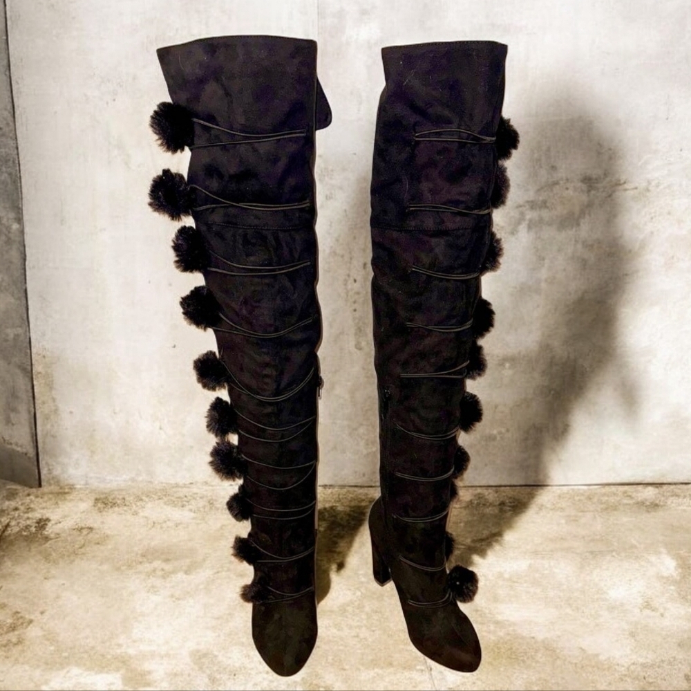 Italina Black Plush Suede Pom-Pom Over-Knee Boots Coquette Whimsigoth Sz.8 - Picture 2 of 16